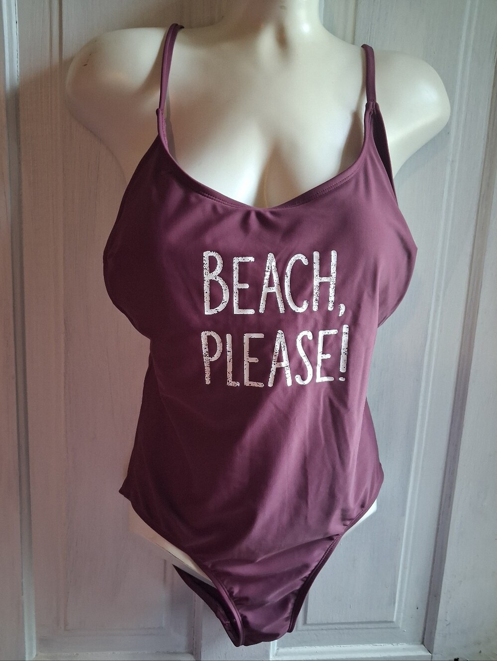 Maroon One-Piece Swimsuit with 'BEACH, PLEASE!' Graphic Size 7-9